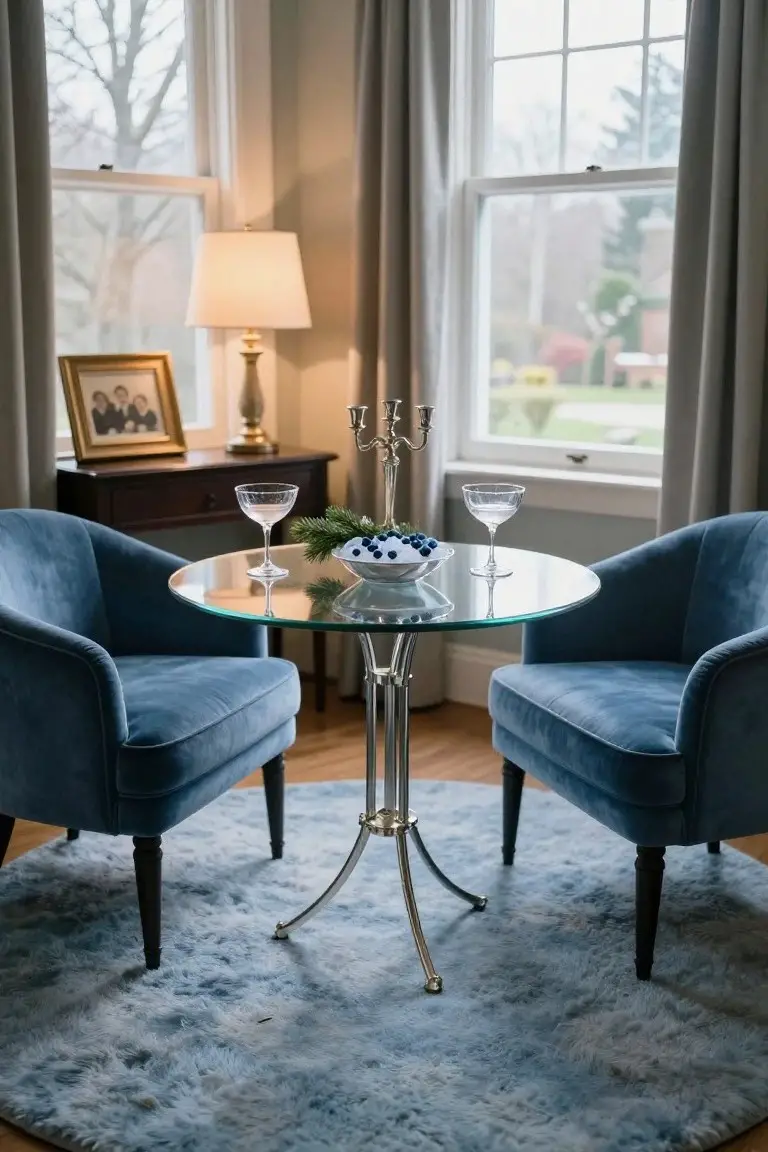Two tufted blue velvet armchairs positioned around a round glass-top table with silver pedestal base, centered with a white bowl of blueberries and evergreen sprigs, champagne glasses nearby, in a light-filled room with large windows overlooking winter trees.