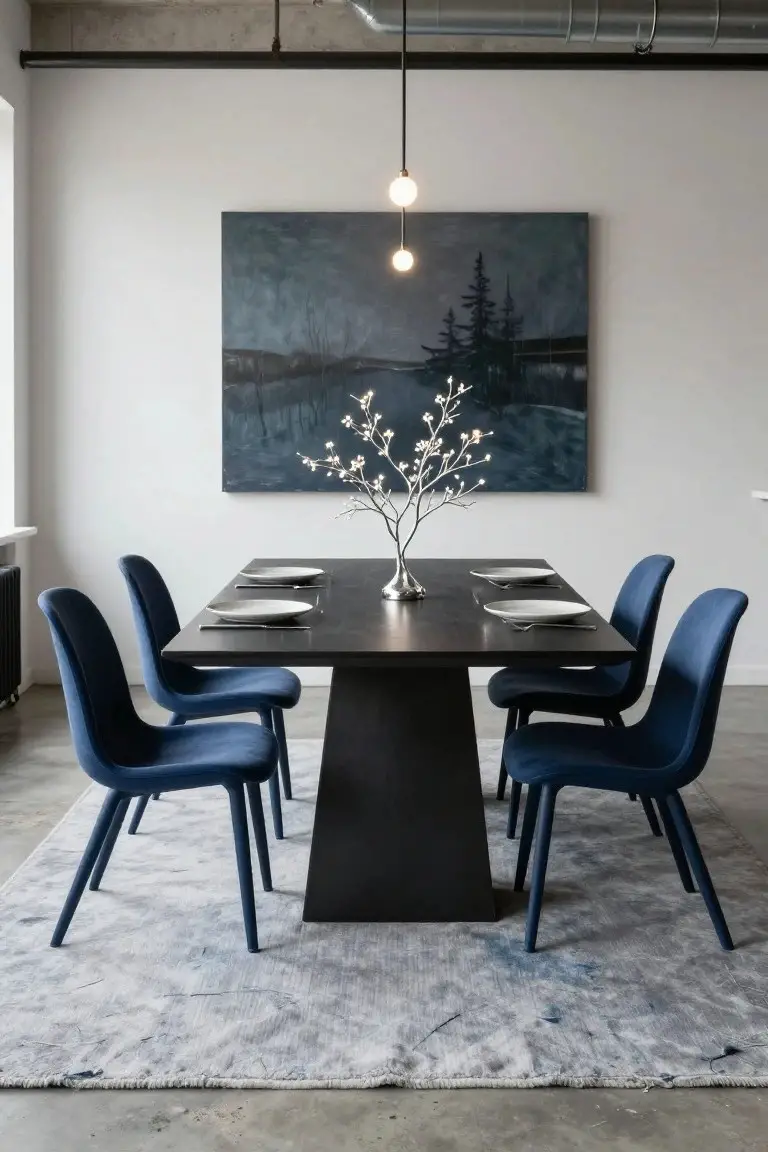 Modern dining room featuring a black tapered wood table set with white plates and silverware, surrounded by navy blue velvet chairs, a lit metallic branch centerpiece, and a large abstract landscape painting on the wall.