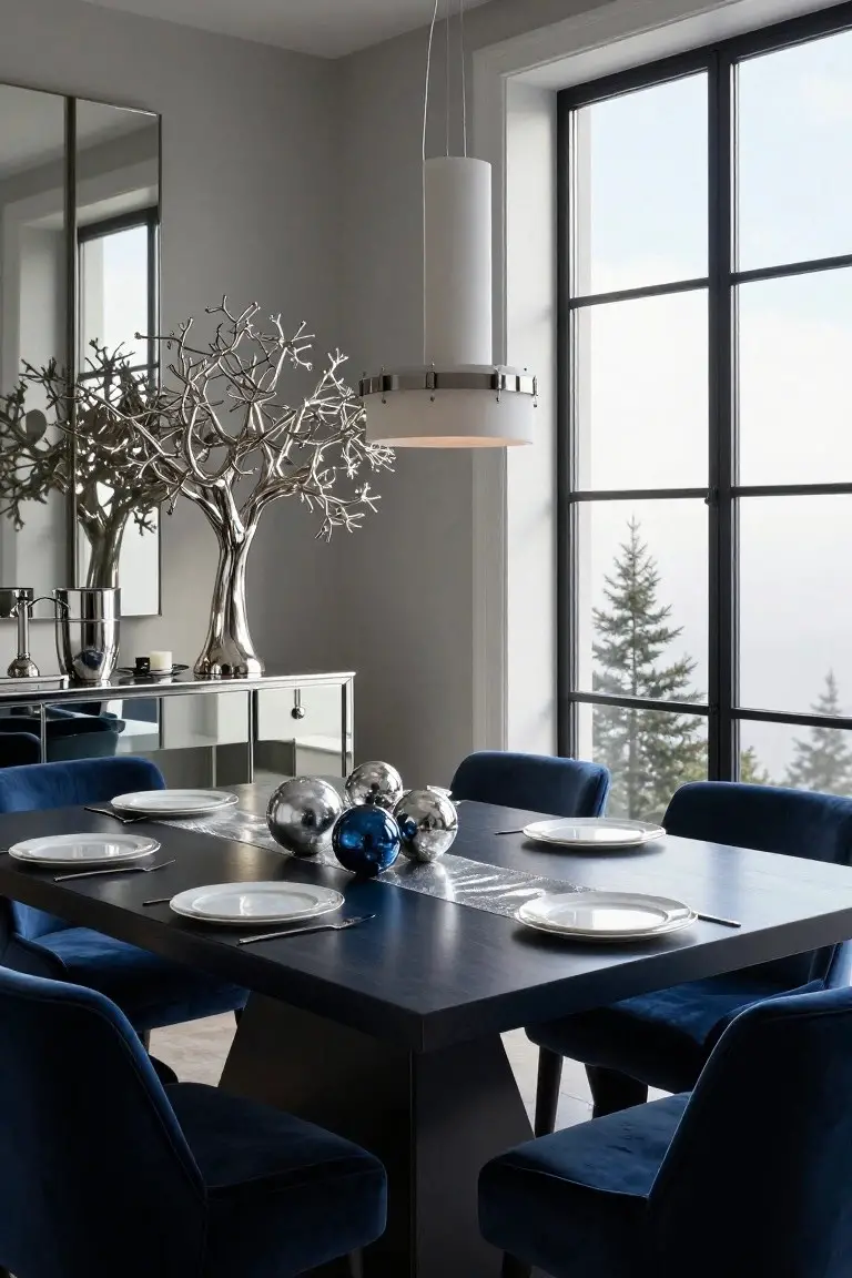 Modern dining room with dark trestle table, navy blue velvet upholstered chairs, white plates on table with silver and blue glass spheres, silver metallic branch sculpture on mirrored sideboard, white drum pendant light, and large black-framed windows overlooking pine trees.