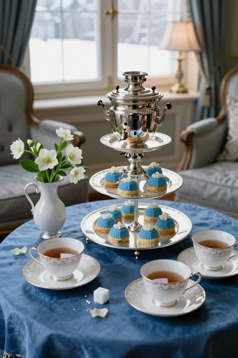 A round table draped in blue velvet holds a three-tiered silver stand with blue-frosted cupcakes, a silver samovar, porcelain teacups with saucers, and sugar cubes, next to white flowers in a vase, armchairs, and snowy windows in a formal room.