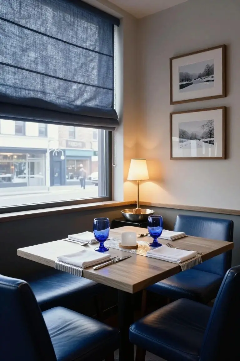 Square wooden dining table in a blue leather booth by a window, set with two blue stemware glasses, white folded napkins, silverware, a small white candle holder, and a silver runner.