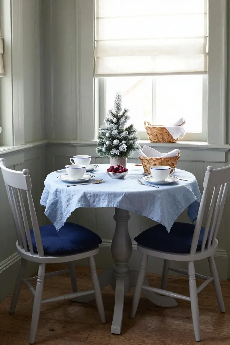 Small round pedestal table in room corner covered by blue linen cloth, set with white teacups, blue-rimmed saucers, silver bowl of red berries, flanked by white wooden chairs with blue cushions, mini flocked Christmas tree and wicker baskets on windowsill nearby.