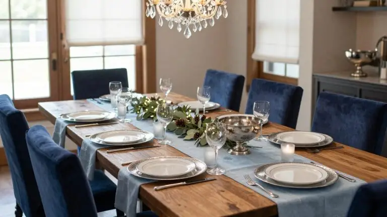 Wooden dining table with navy blue velvet upholstered chairs, set with white plates, blue linen runner, eucalyptus garland with pinecones and fairy lights, in a gray-walled room under a crystal chandelier with large window views.