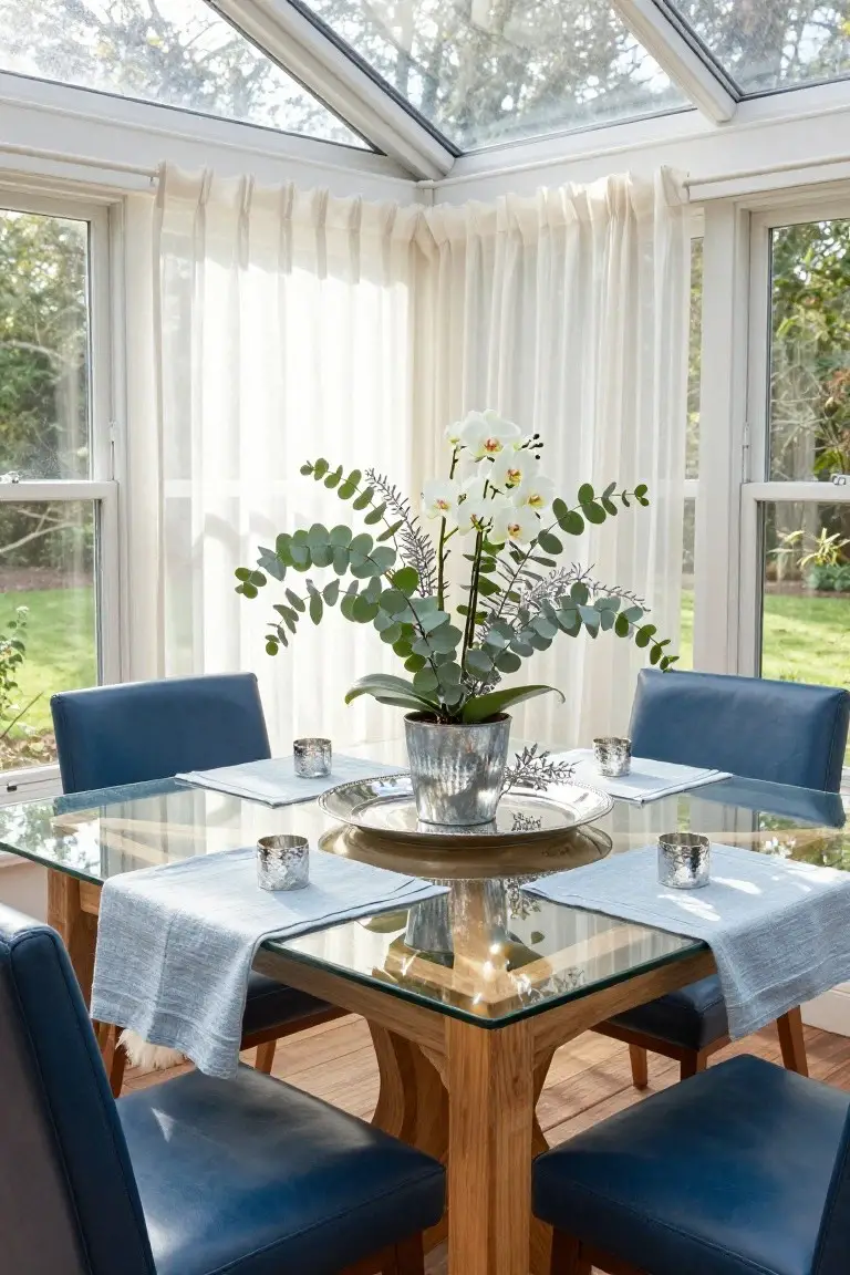 Sunroom dining table made of glass on wooden base, surrounded by four navy blue leather chairs, with a silver bucket centerpiece of white orchids and eucalyptus, silver candle holders, and sheer curtains on large windows overlooking a garden.
