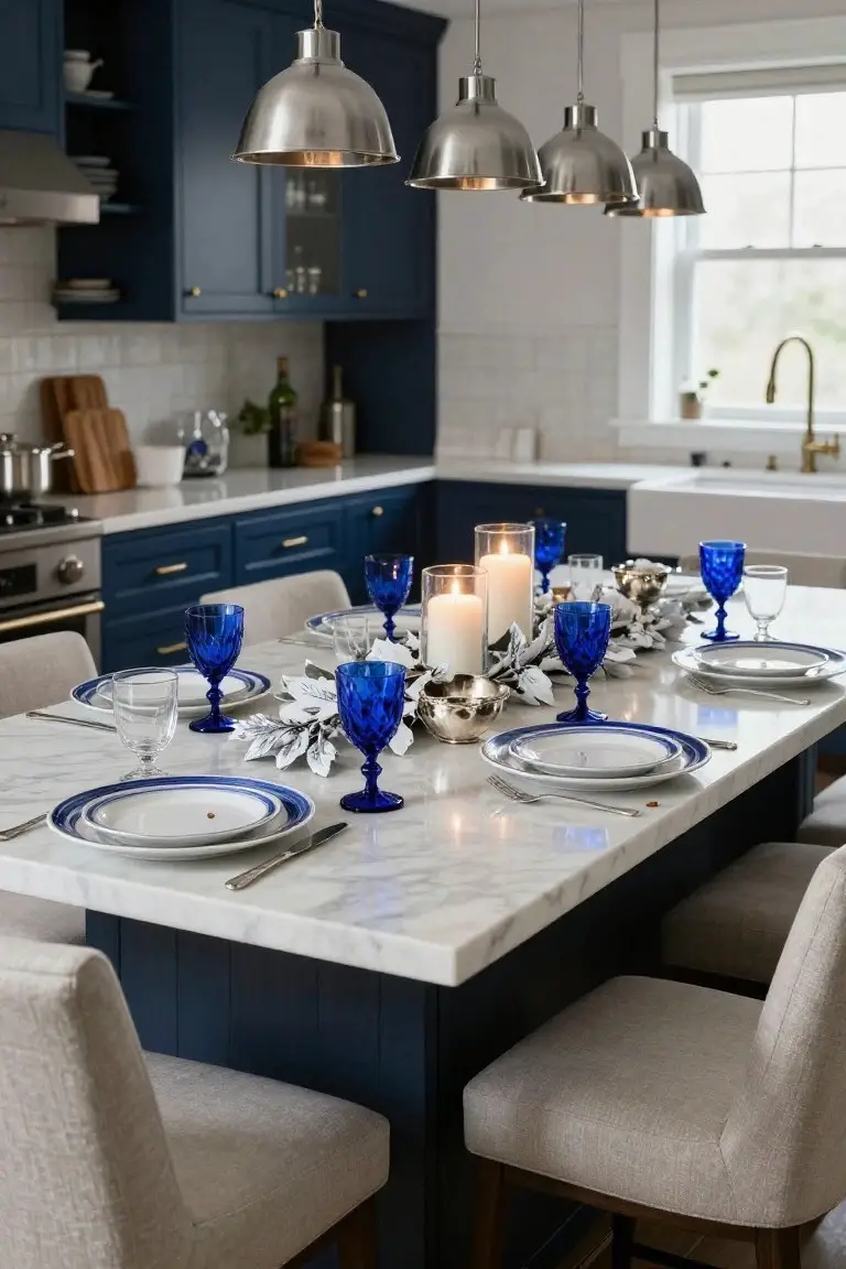 Kitchen island with navy cabinets and white marble top set for Christmas dinner using blue glassware, white plates, silver bowls, candles, and white floral arrangements under silver pendant lights.