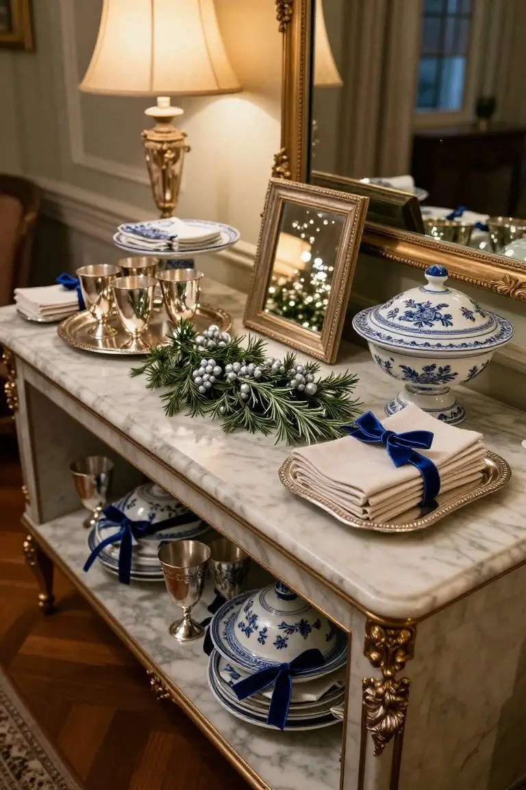 Marble-topped console table in an elegant room displaying stacked blue and white porcelain dishes and bowls, silver chalices, folded beige napkins tied with blue velvet ribbons, a silver tray, and a garland of rosemary branches with silver berries.