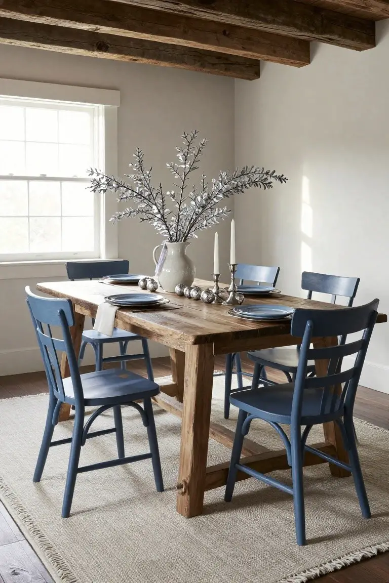 Dining room with rectangular rustic wooden table and six navy blue chairs, set with blue plates, white napkins, silver candlesticks, ornaments, and tall silvery branches in a white vase on a beige rug under exposed wood beams.