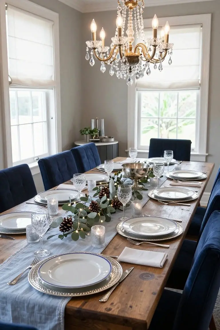 Wooden dining table with navy blue velvet upholstered chairs, set with white plates, blue linen runner, eucalyptus garland with pinecones and fairy lights, in a gray-walled room under a crystal chandelier with large window views.