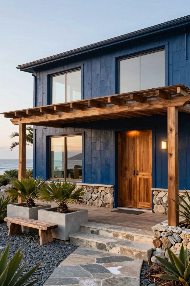 Front view of a two-story house with navy blue clapboard siding, wooden pergola over a teak entry door, stone foundation, potted palms, and steps leading to a wooden deck, with ocean and sunset in the background.