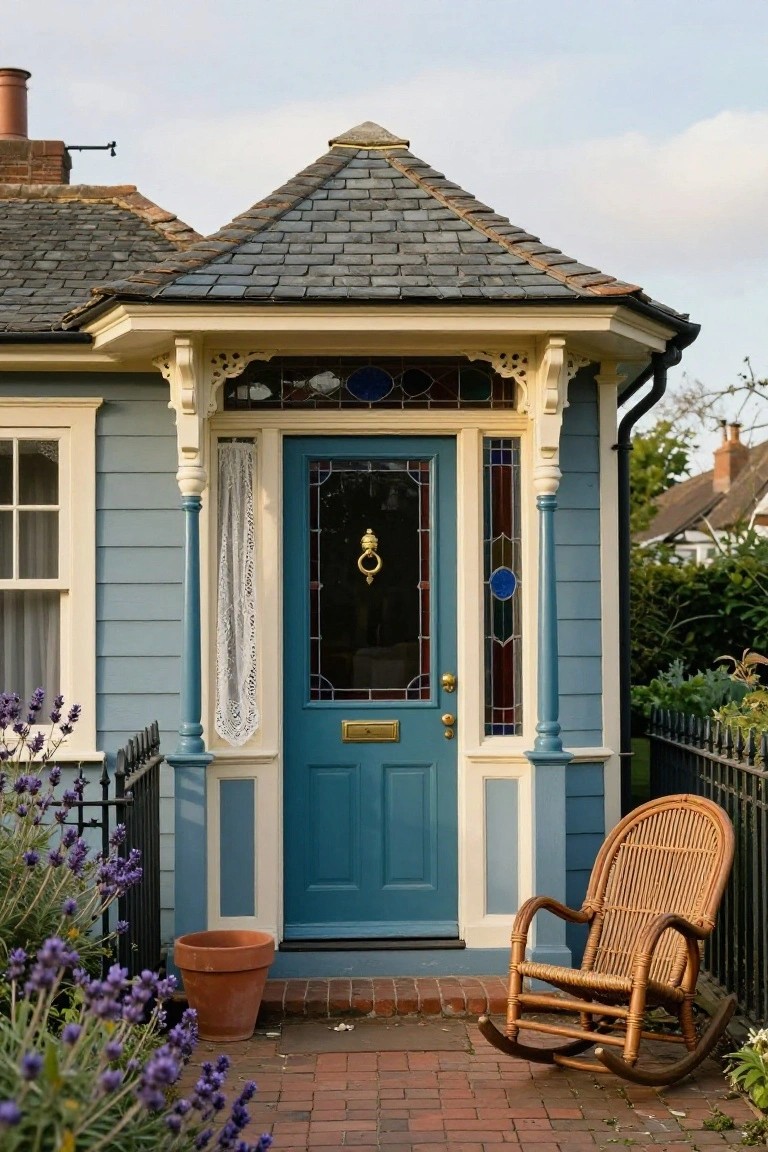 Light blue house exterior with cream porch, teal front door featuring stained glass panels and brass knocker, flanked by lavender plants, a terracotta pot, black iron fence, and wicker rocking chair on brick path.
