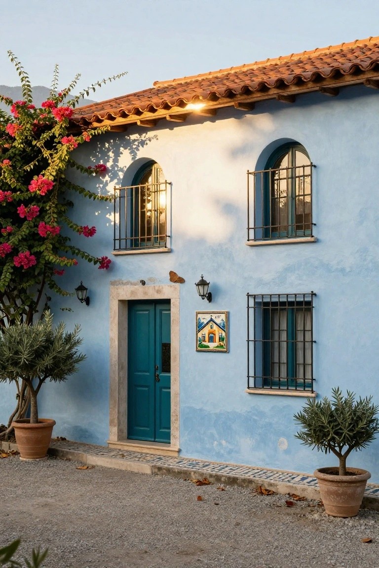 Blue stucco house facade with terracotta tile roof, arched windows with wrought iron grilles, turquoise double front door, climbing pink bougainvillea, potted olive trees, and lanterns beside gravel entry path.