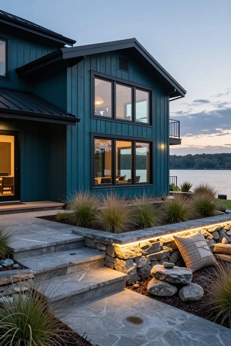 Side view of a two-story house with dark blue vertical board-and-batten siding, black metal roof, large black-framed windows, glass entry door, stone steps with lighting, ornamental grasses, rock wall, and lake view at dusk.