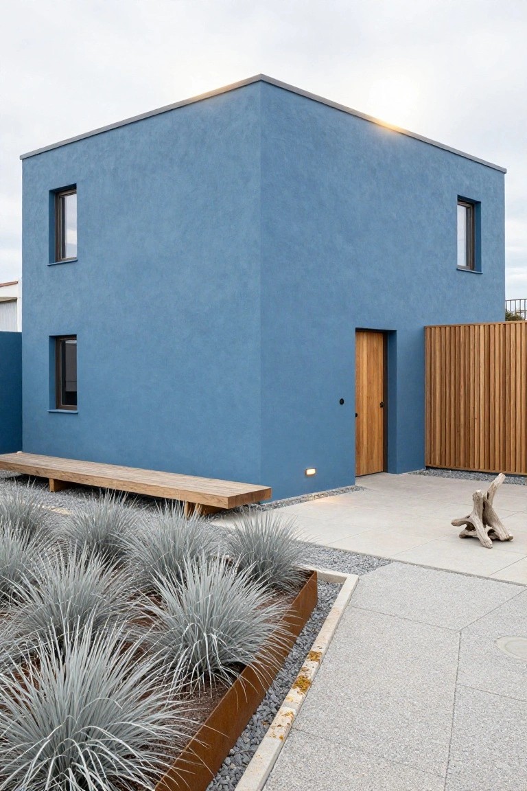 A cubic modern house with deep blue stucco walls, a wooden entry door and bench, corten steel planters with grasses, gravel ground cover, and a concrete path.
