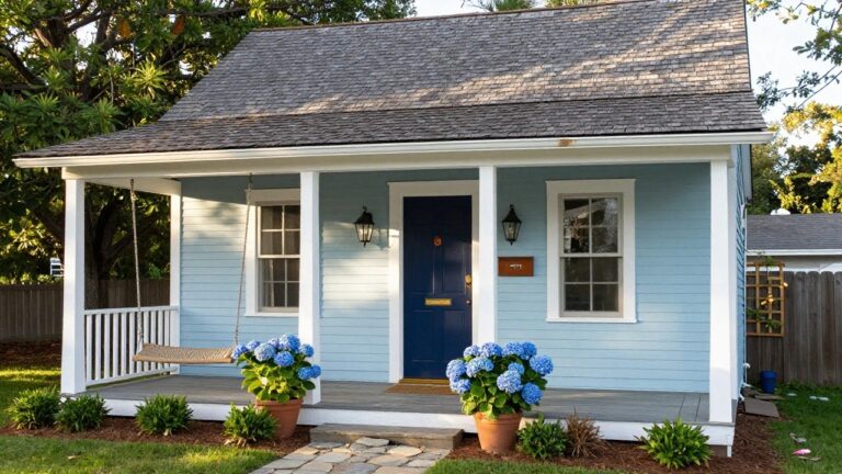Small light blue clapboard house with white trim, gabled roof, covered porch, navy blue front door, wooden porch swing, ladder, lantern lights, and potted blue hydrangeas flanking the entry steps.