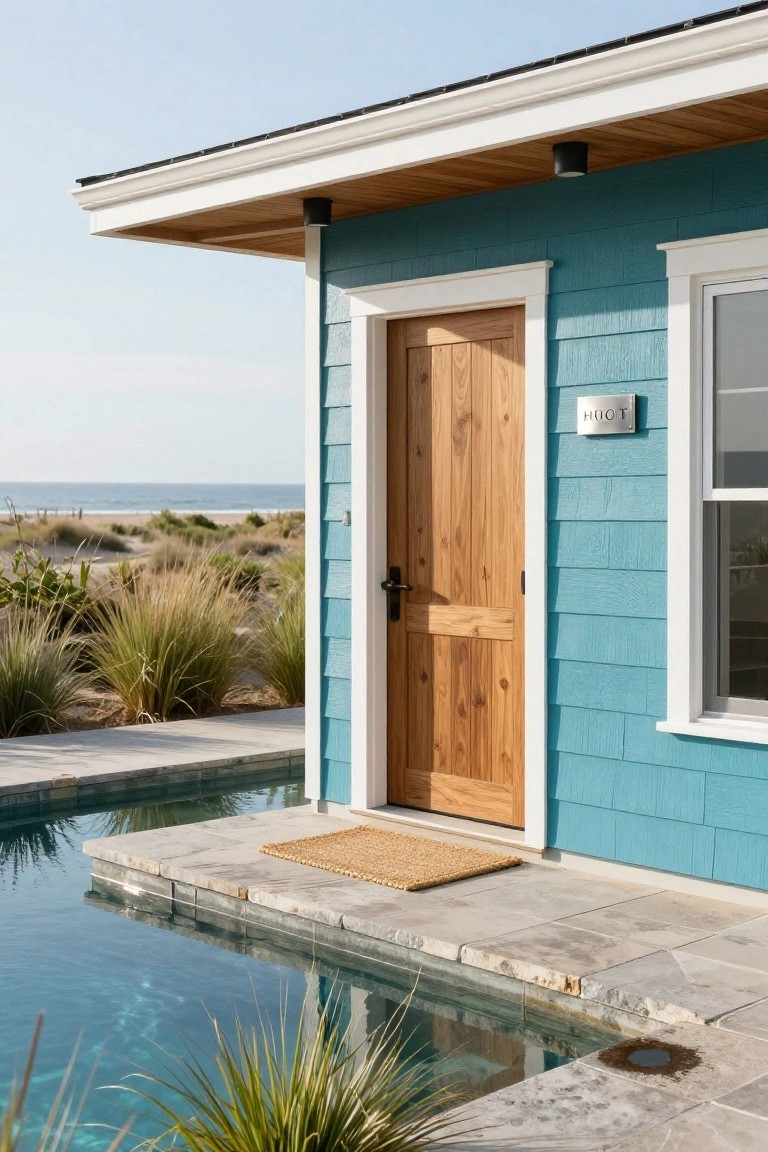Teal shingle-sided house exterior featuring a knotted wood entry door with black hardware, white trim, a metal plaque numbered H101, adjacent to a pool deck and overlooking beach dunes.