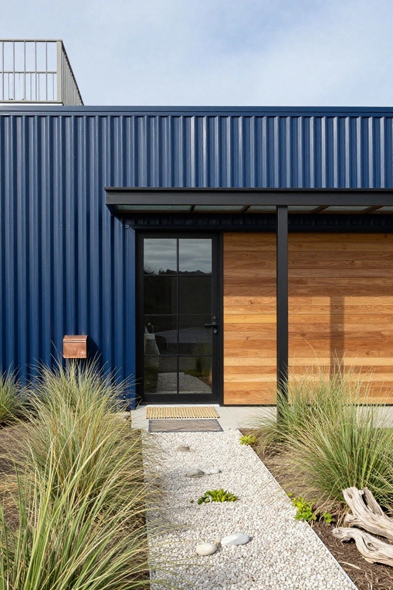 Modern house exterior with navy blue corrugated metal siding, black-framed glass entry door under a metal porch roof, wood slat cladding on the entry wall, gravel pathway edged by tall grasses and driftwood.