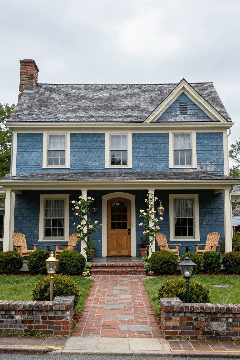 Two-story navy blue shingle house with white trim, covered front porch supported by columns with climbing pink roses, wooden Adirondack chairs, lanterns, boxwood shrubs, and brick pathway with low brick walls.