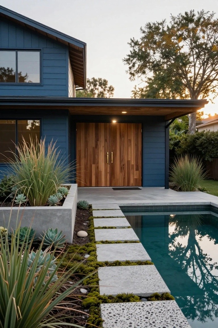 Blue modern house exterior featuring large vertical wooden double doors with gold handles, flanked by succulent-filled concrete planters, concrete steps, and a nearby pool edged with pebble stepping stones.