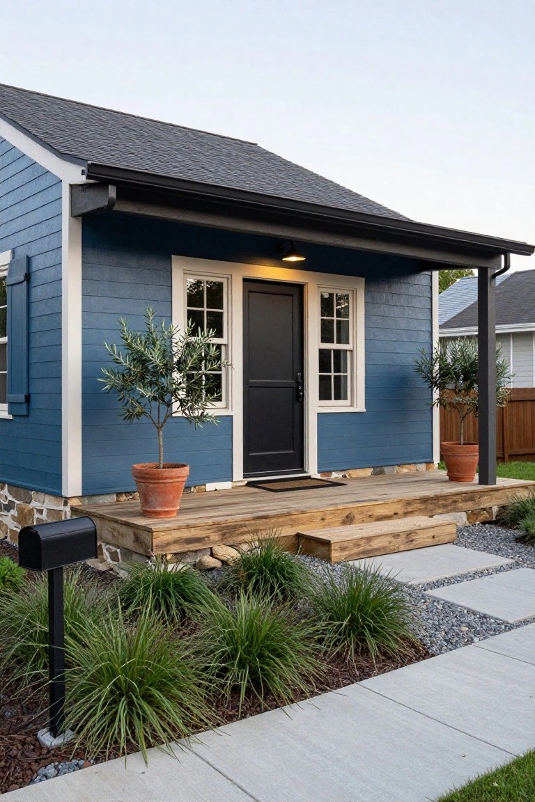 A small cottage-style house with navy blue siding, white trim, black front door, wooden porch with steps, potted olive trees flanking the entry, black mailbox, and gravel landscaping with grasses.