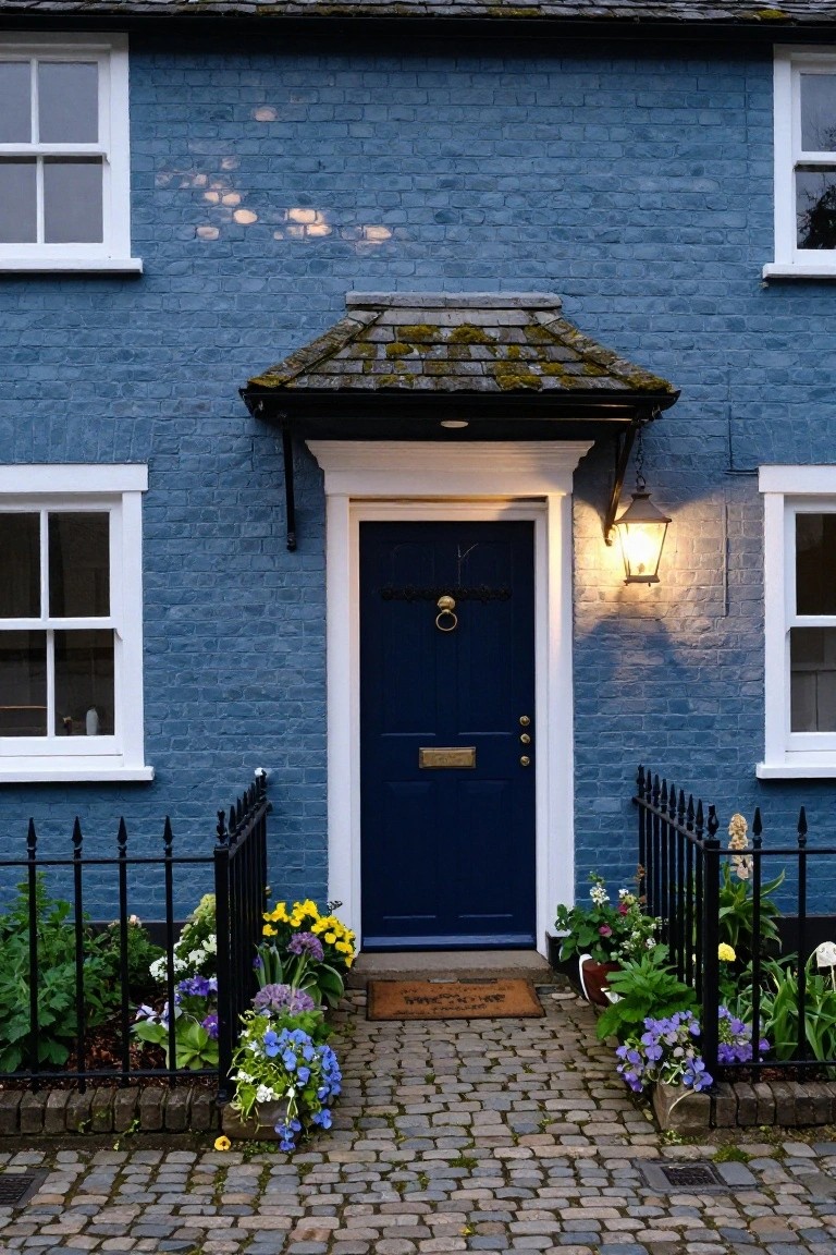 Blue brick house facade with white sash windows, centered navy blue front door with brass knocker and letter slot, black lantern light, small porch awning, black iron fence enclosing flower beds, and cobblestone path.