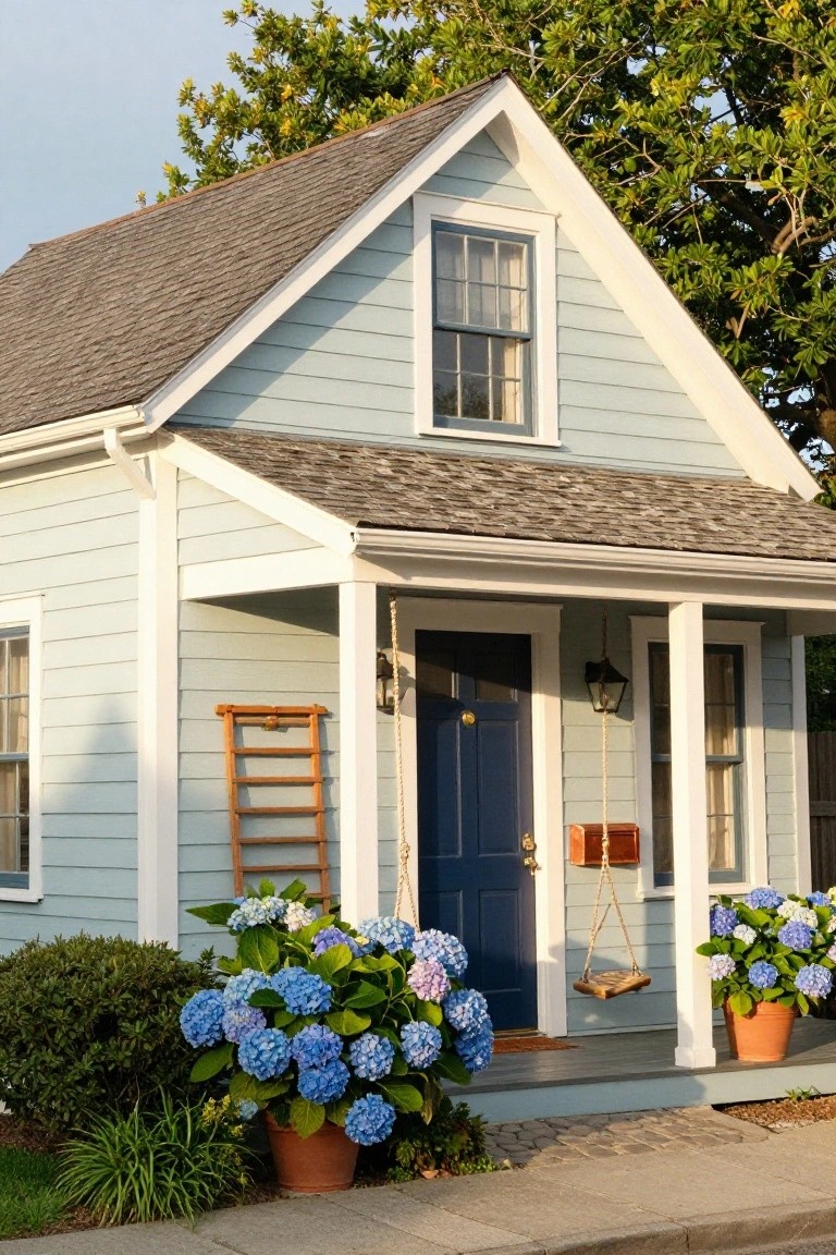 Small light blue clapboard house with white trim, gabled roof, covered porch, navy blue front door, wooden porch swing, ladder, lantern lights, and potted blue hydrangeas flanking the entry steps.