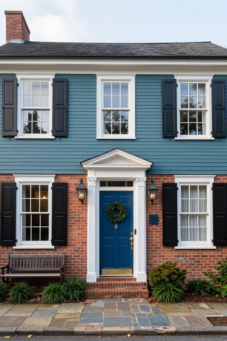 Two-story teal blue clapboard house with black shutters, white trim, brick entry porch, blue front door with wreath, lanterns, wooden bench, and low plantings on a stone pathway.