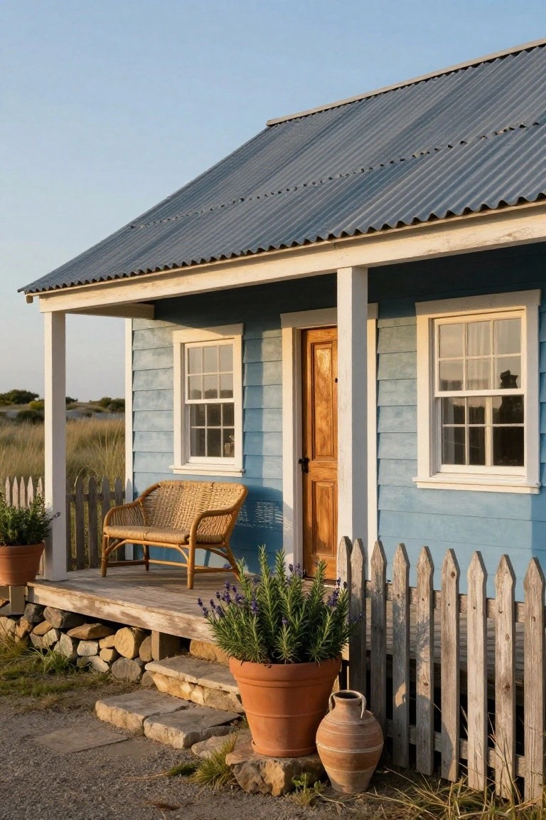Small light blue clapboard house with white trim, covered front porch holding rattan loveseat, wooden door, potted plants, white picket fence, and stone steps near grassy dunes under a clear sky.