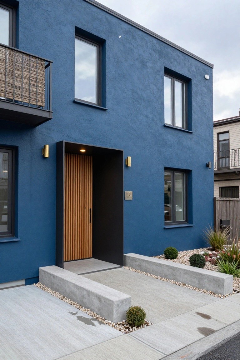 Front exterior of a deep blue modern house with a recessed vertical slat wooden door in a black frame, gold wall sconces, concrete entry platform and steps edged with pebbles and small shrubs, large windows, and a balcony with bamboo screen.