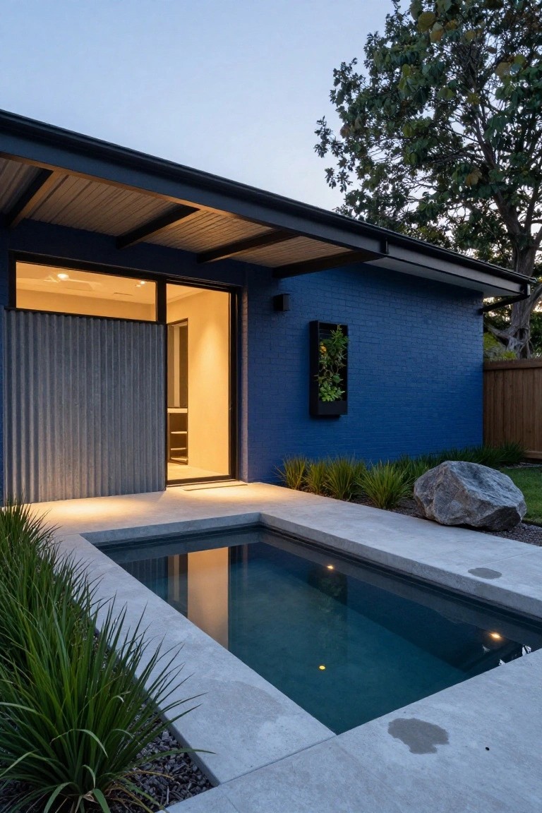 Blue brick house exterior with open glass entry door, corrugated metal privacy screen, vertical planter, concrete patio, small rectangular plunge pool, grasses, boulder, and trees at dusk.