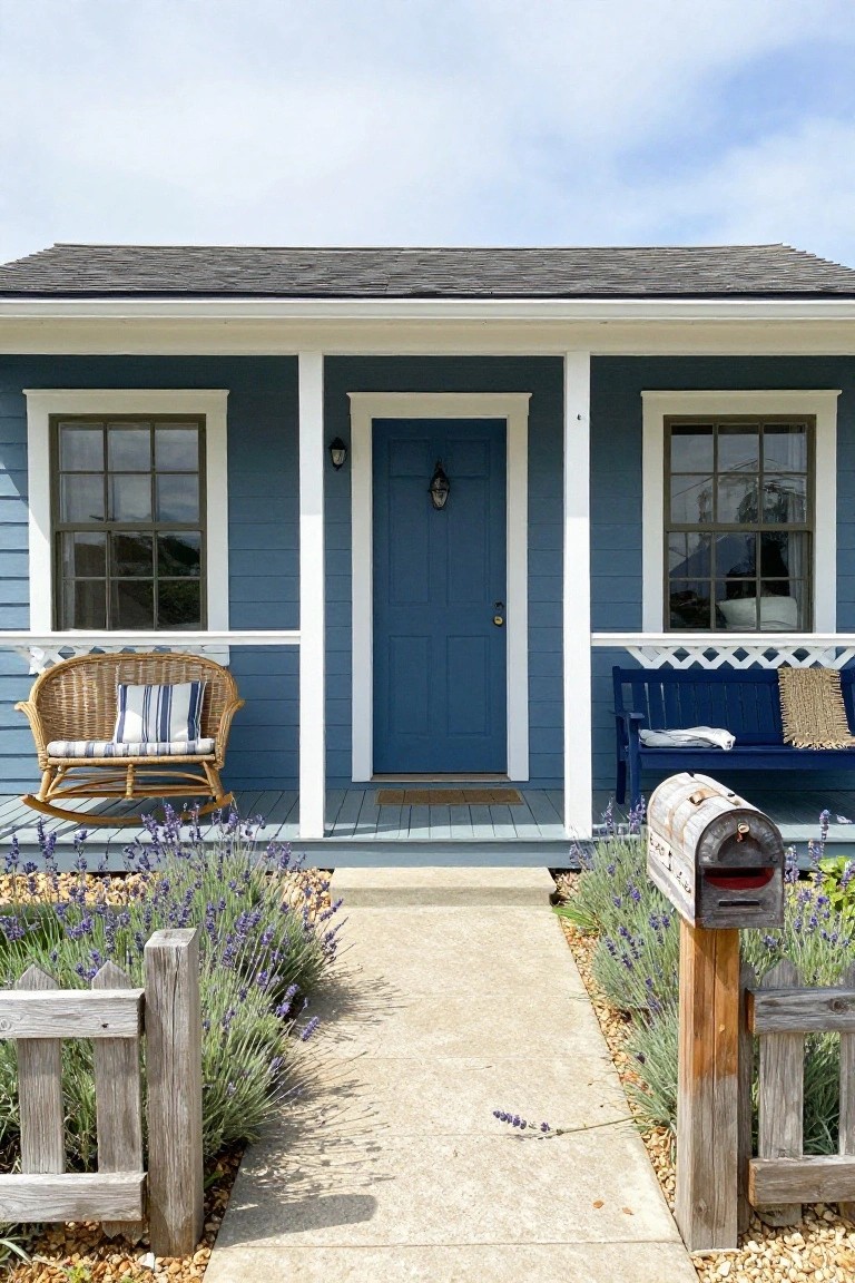 Front exterior of a small two-story blue clapboard house with white trim and porch, featuring a wicker rocking chair on the left, blue wooden bench with pillows on the right, lavender plants bordering a concrete path, and a rustic red mailbox.