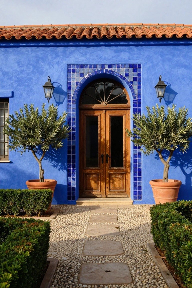 Blue stucco house exterior with terracotta tile roof, arched wooden double doors framed by blue mosaic tiles, flanked by black lanterns and potted olive trees, pebble path with boxwood hedges leading to the entry.