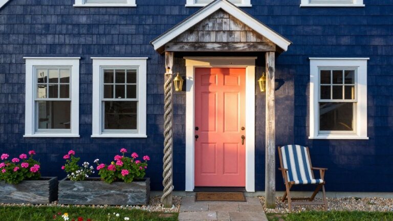 Navy blue shingled house facade with coral pink front door, white trim, lanterns, potted geraniums, rope post, and white striped Adirondack chair on gravel path.