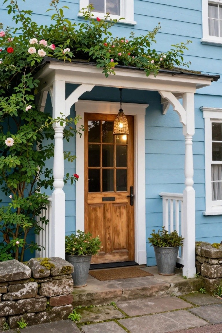 Blue clapboard house exterior featuring a white covered porch with wooden door, glass panels, climbing roses on columns and railing, potted plants, hanging lantern, doormat, and stone wall base.