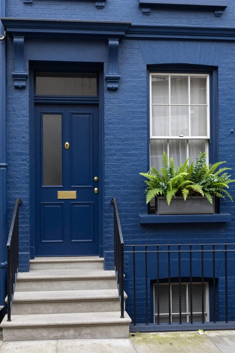 Navy blue painted brick townhouse exterior with a dark blue paneled front door, gold knocker and letterbox, white-framed sash window with ferns in a metal window box, black metal railing, stone steps, and basement window.