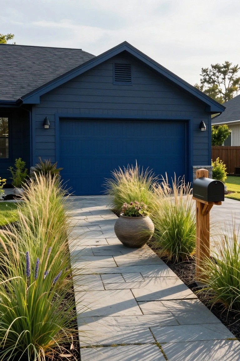 Dark navy blue gable-front house with matching blue paneled garage door, gray stone pathway flanked by tall ornamental grasses and potted plants, wooden mailbox post, and landscaped yard.