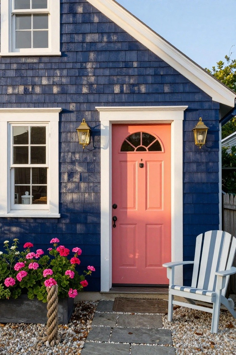 Navy blue shingled house facade with coral pink front door, white trim, lanterns, potted geraniums, rope post, and white striped Adirondack chair on gravel path.