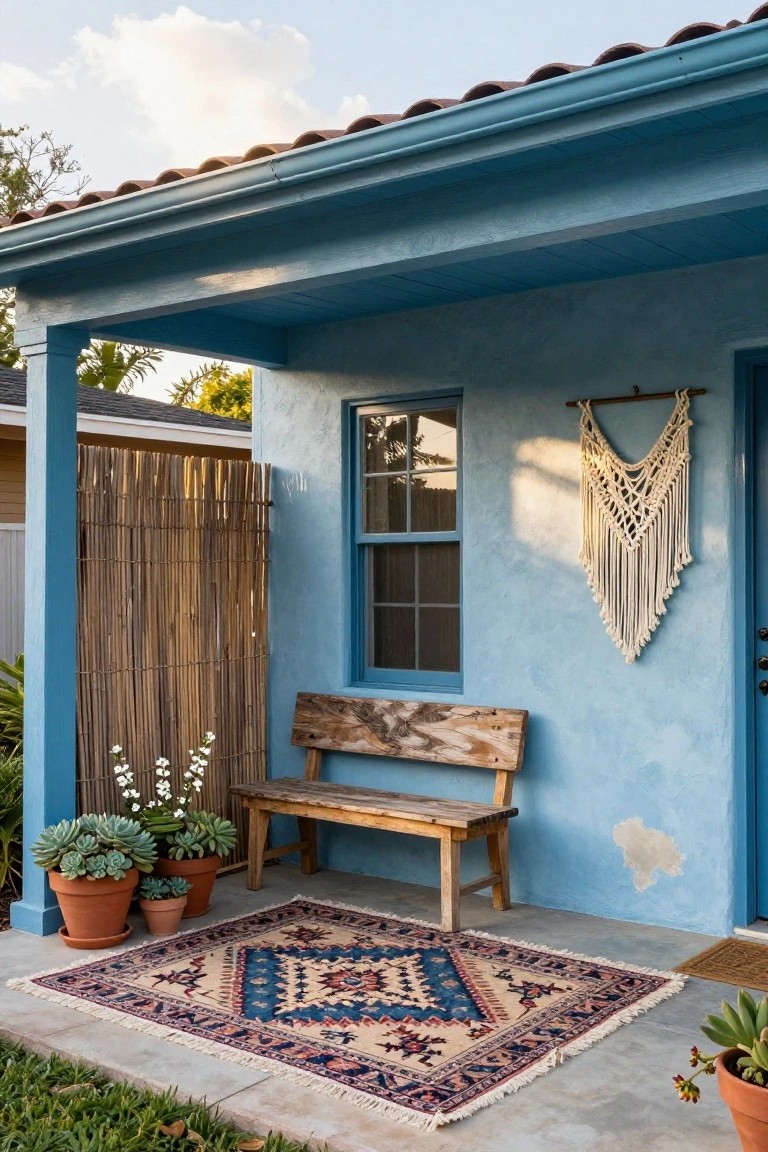 Blue stucco house porch with weathered wooden bench, potted succulents and white-flowering plants, white macrame wall hanging beside blue door and window, bamboo privacy fence, and blue-and-beige patterned rug on concrete floor.