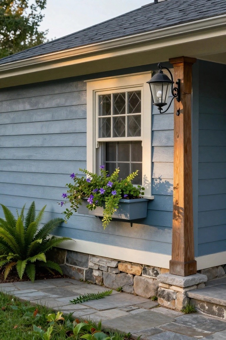 Blue shingle-sided house exterior with white-framed divided-light window, gray window box of purple flowers and green foliage, black lantern on wooden post, ferns at base, stone foundation, and stone path.