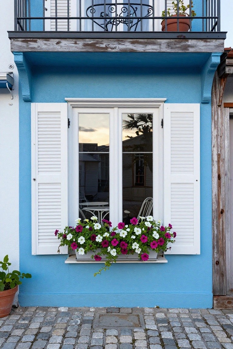 Blue painted house exterior with white louvered shutters open on a double window, white window box overflowing with pink and white petunias below the window, small black iron balcony above, potted plants at the base, and irregular cobblestone path in front.