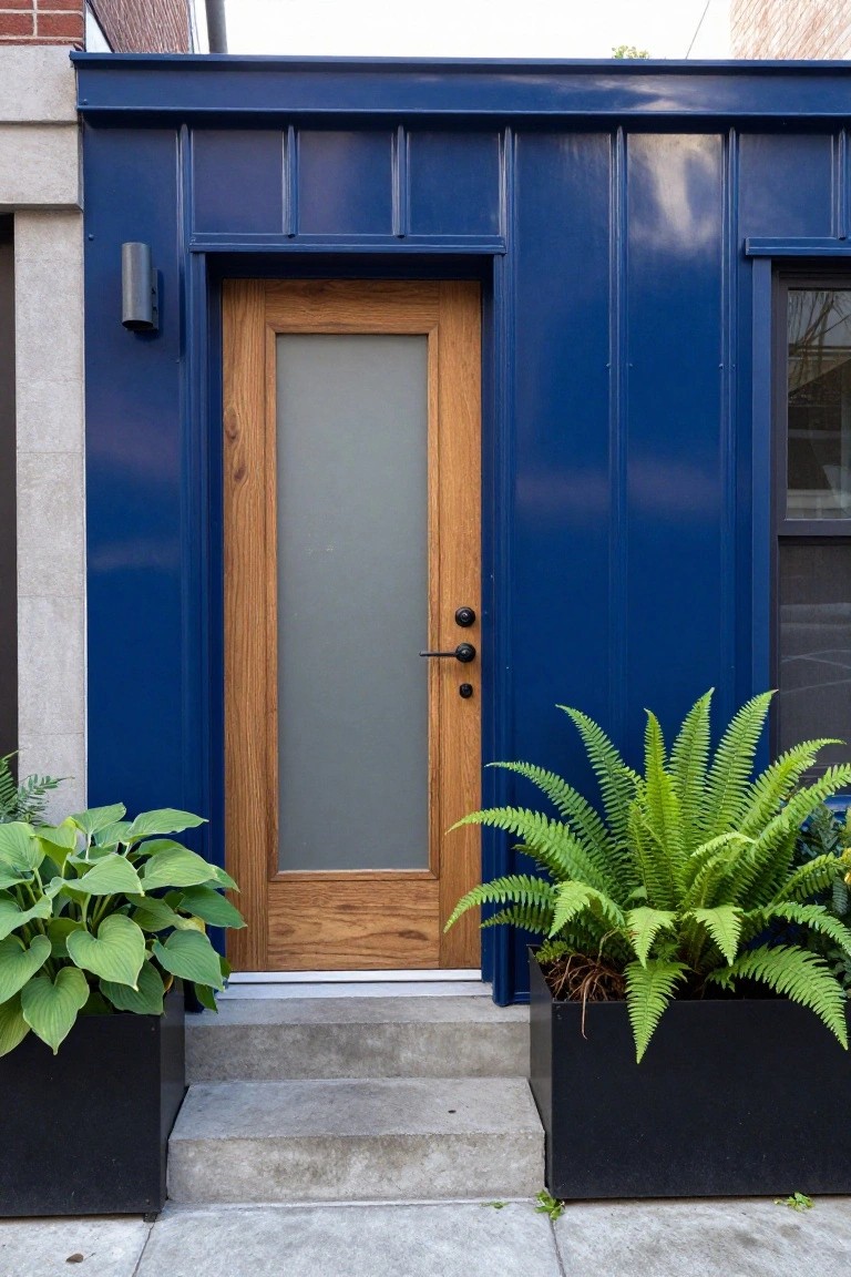 Blue corrugated metal-sided house entrance with a light wood door featuring a frosted glass panel, flanked by black planters holding ferns and hostas, concrete steps, and a wall light.