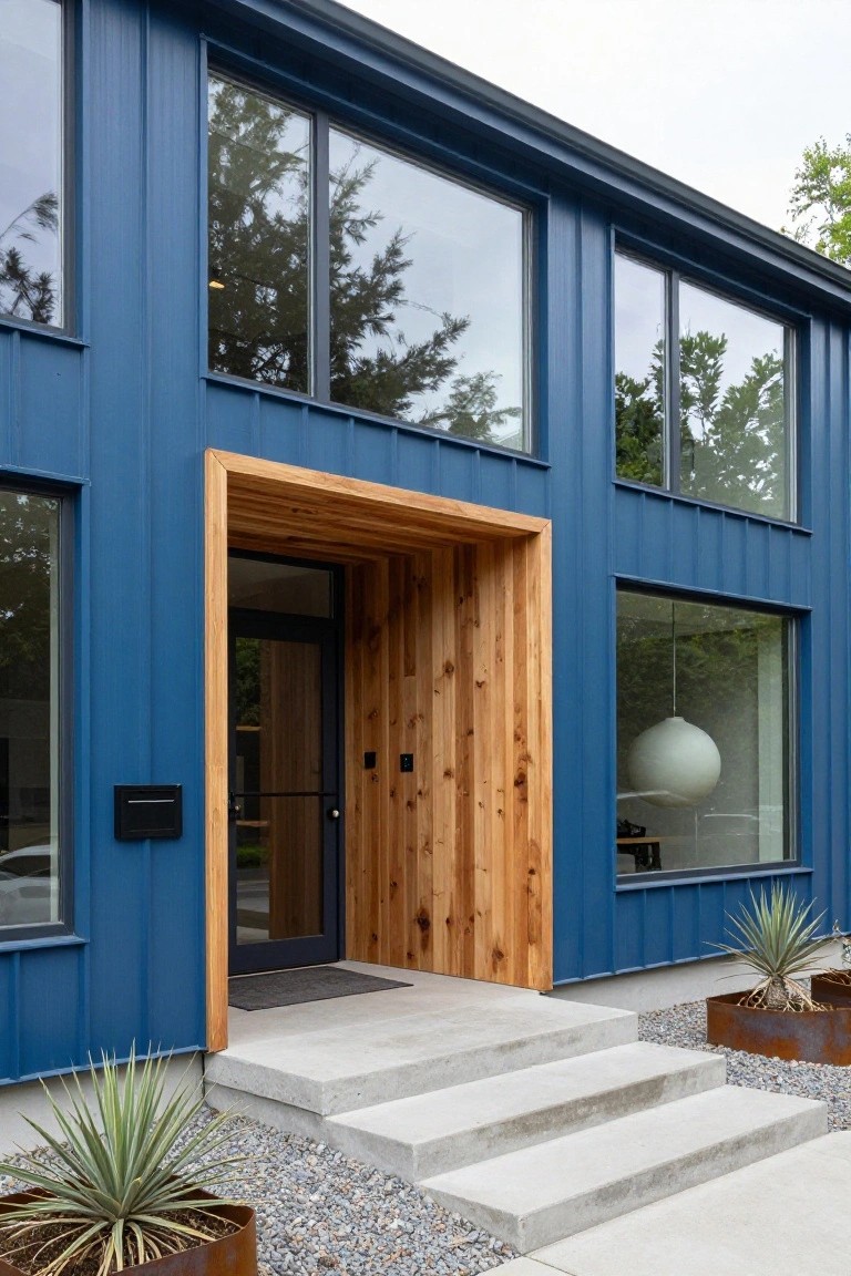 Front facade of a modern two-story house with dark blue corrugated metal siding, a recessed entryway clad in light wood planks around a dark-framed glass door, large windows, concrete steps, and corten steel planters holding agave plants on a gravel and concrete yard.