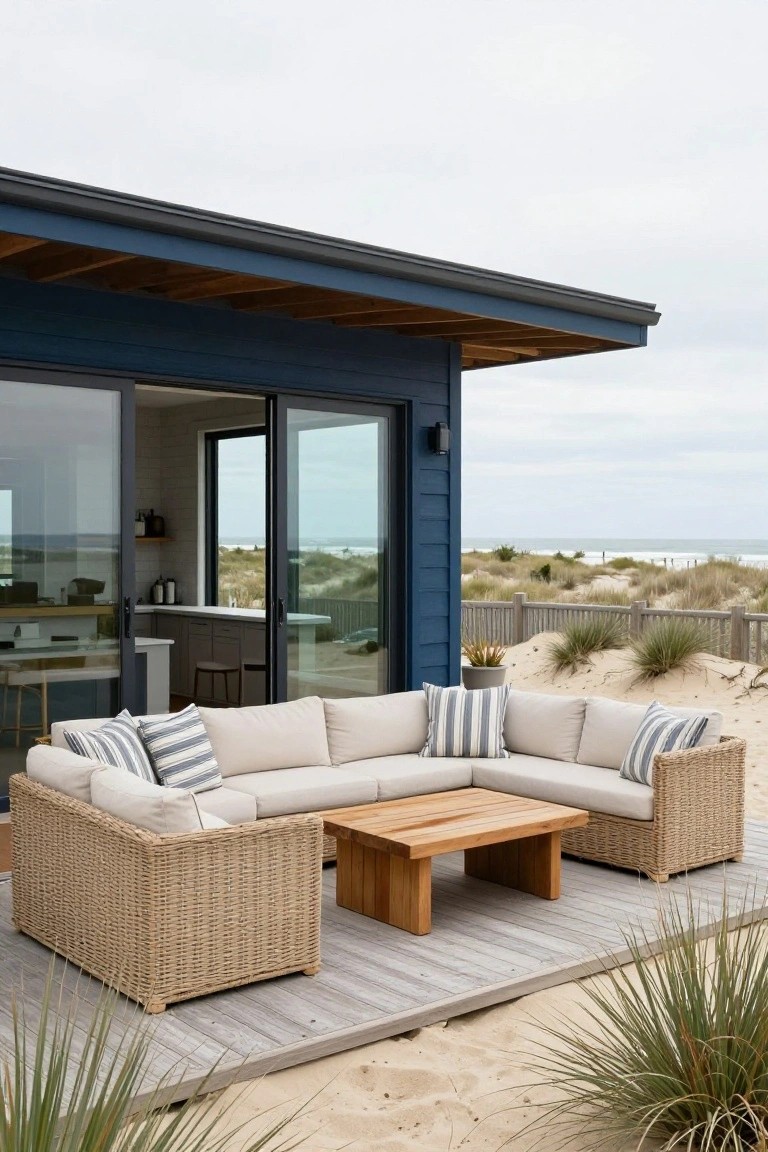 Blue beach house with open sliding glass doors to a wooden deck holding a beige woven L-shaped outdoor sofa with striped pillows, a teak coffee table, sand dunes, and ocean view.