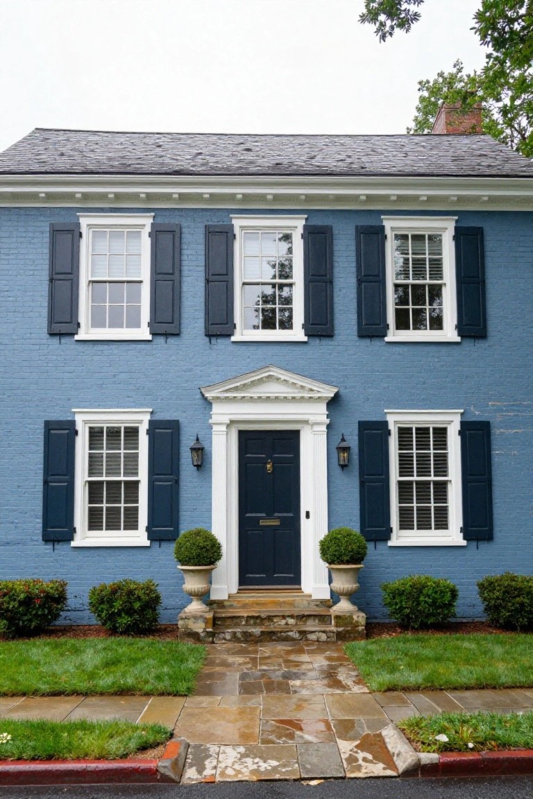 Two-story blue brick house with black shutters on white-framed double-hung windows, central white pedimented entry porch with black door and brass knocker, flanked by urns holding topiary boxwoods, stone steps leading to slate pathway, green lawn, and curb.