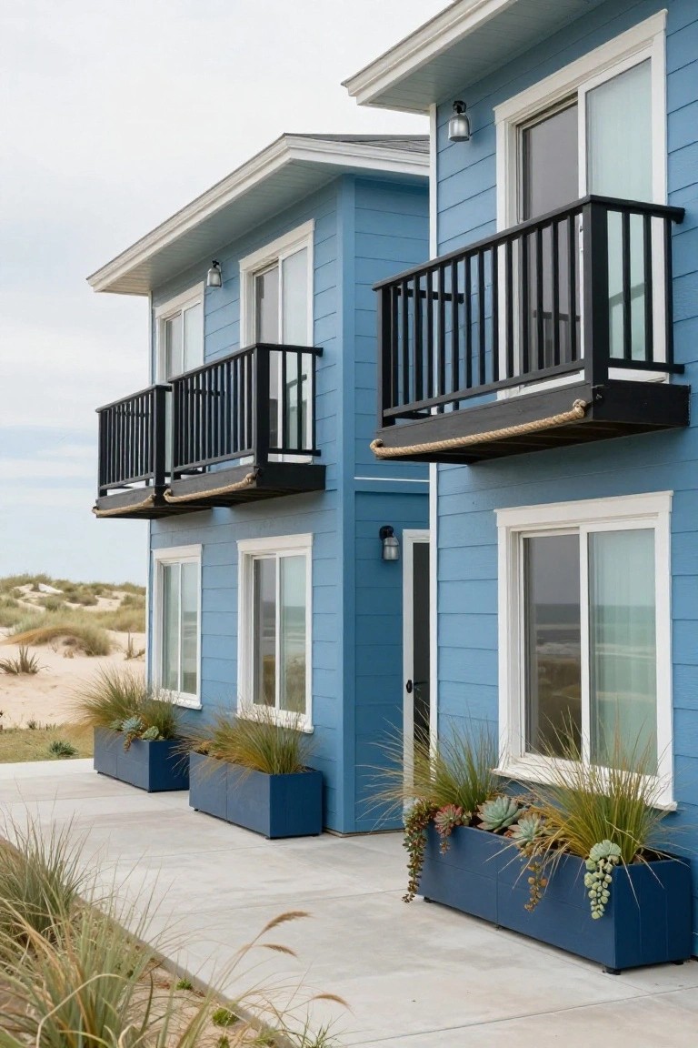 Blue clapboard-sided house exterior featuring black metal balconies with rope trim, white-trimmed windows, and blue planters with dune grass near sandy beach dunes.