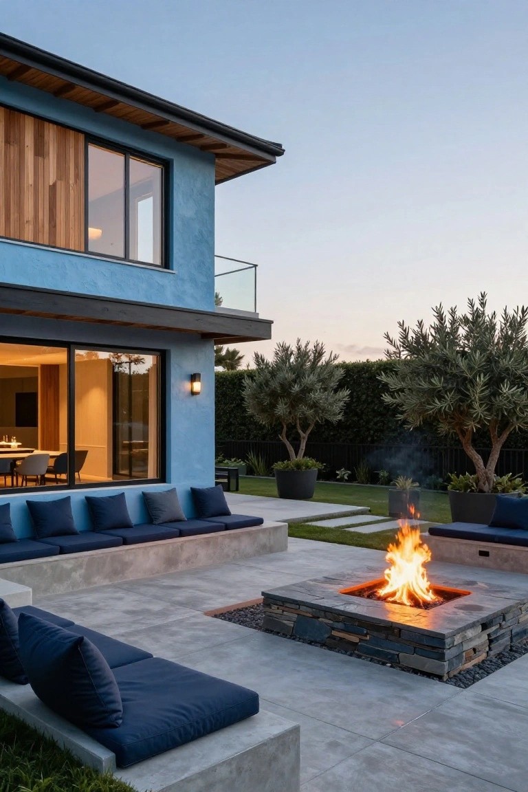 Side view of a two-story modern house with blue stucco siding and vertical wood cladding on windows, overlooking a concrete patio with built-in navy cushions, stone fire pit, potted plants, and olive trees against a hedge.