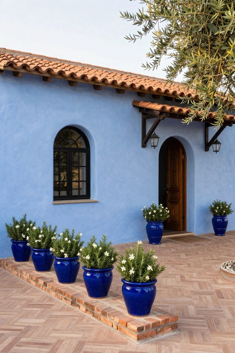 Bright blue stucco house exterior with terracotta tile roof, arched black-framed window and carved wooden arched door, flanked by blue ceramic pots of white-flowering rosemary plants on a brick-edged patterned tile patio under an olive tree.