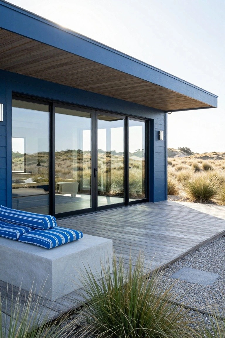 Side view of a modern navy blue clapboard house with a wooden overhang, large black-framed sliding glass doors, a concrete bench with blue cushions on a gray wooden deck, dune grasses, and sandy landscape in the background.