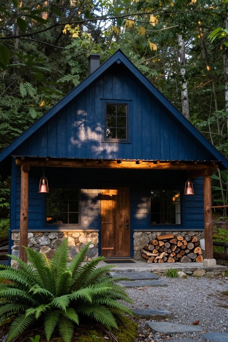 Small A-frame cabin with navy blue vertical board-and-batten siding, covered wooden porch, stone foundation, stacked firewood, copper lanterns, ferns, and surrounding forest.
