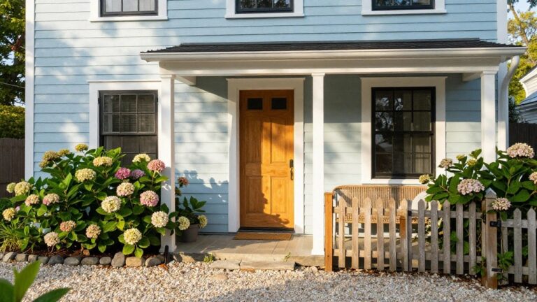 Light blue clapboard house exterior with gabled roof, wooden front door with glass panels, two flanking windows, wicker bench on porch, hydrangea bushes, and picket fence gate on stone steps.