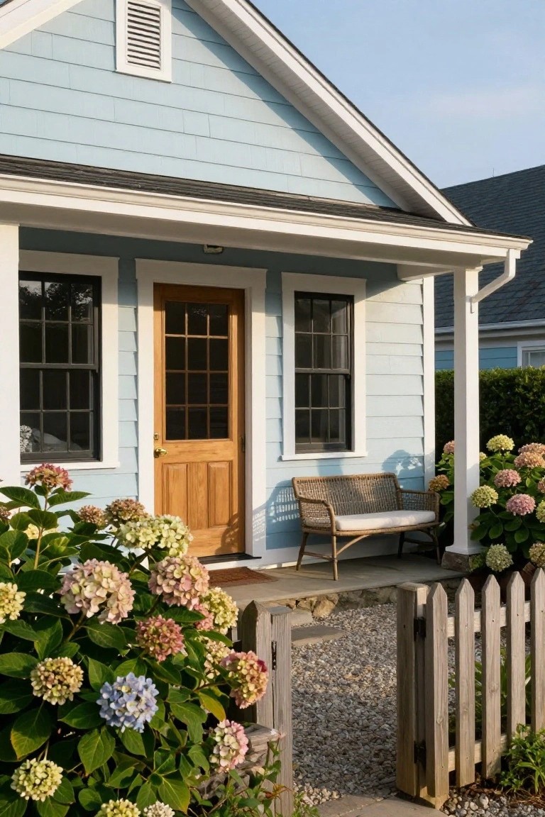 Light blue clapboard house exterior with gabled roof, wooden front door with glass panels, two flanking windows, wicker bench on porch, hydrangea bushes, and picket fence gate on stone steps.